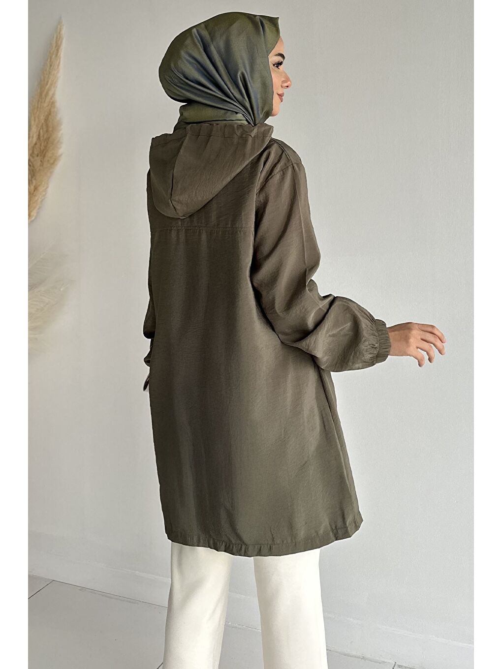 Haki Kapüşonlu Fermuarlı Mevsimlik Tesettür Kap-6