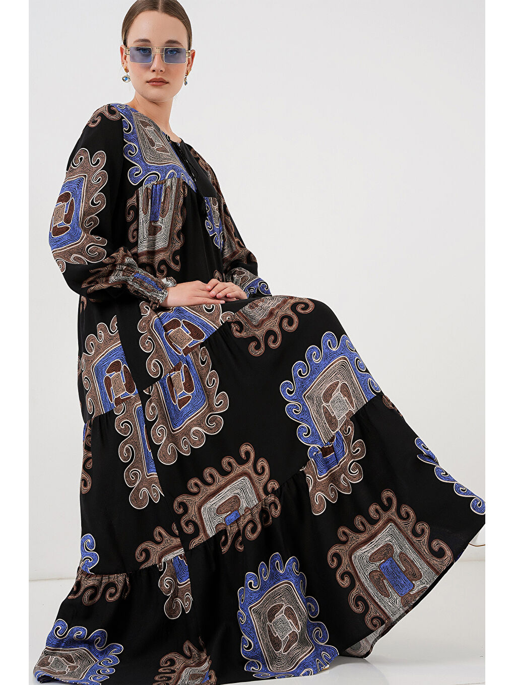 1947 Desenli Uzun Elbise - M. Kahverengi