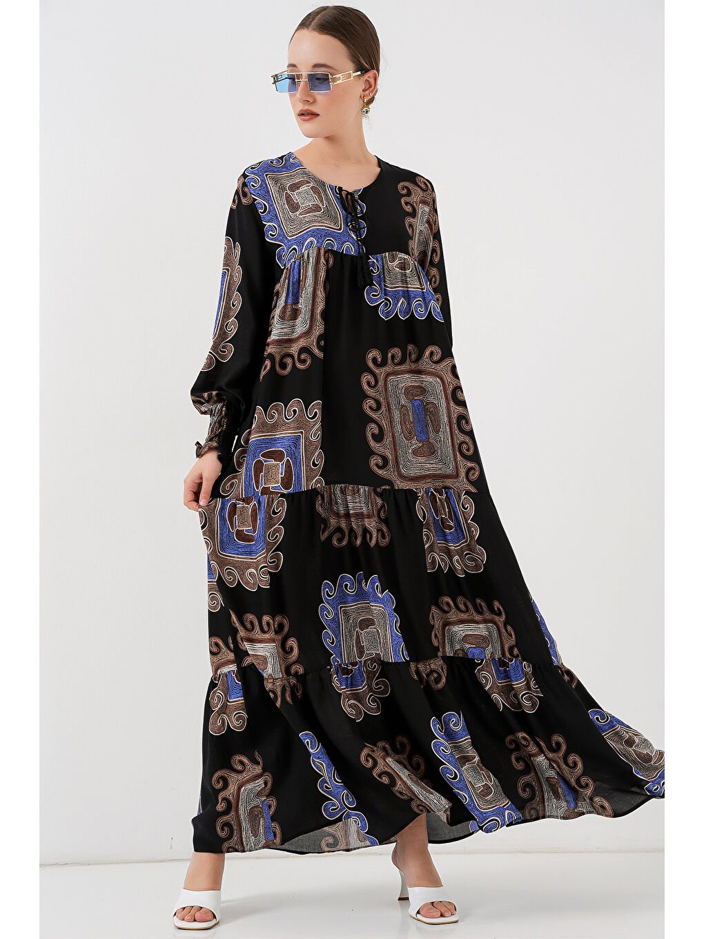 1947 Desenli Uzun Elbise - M. Kahverengi-1