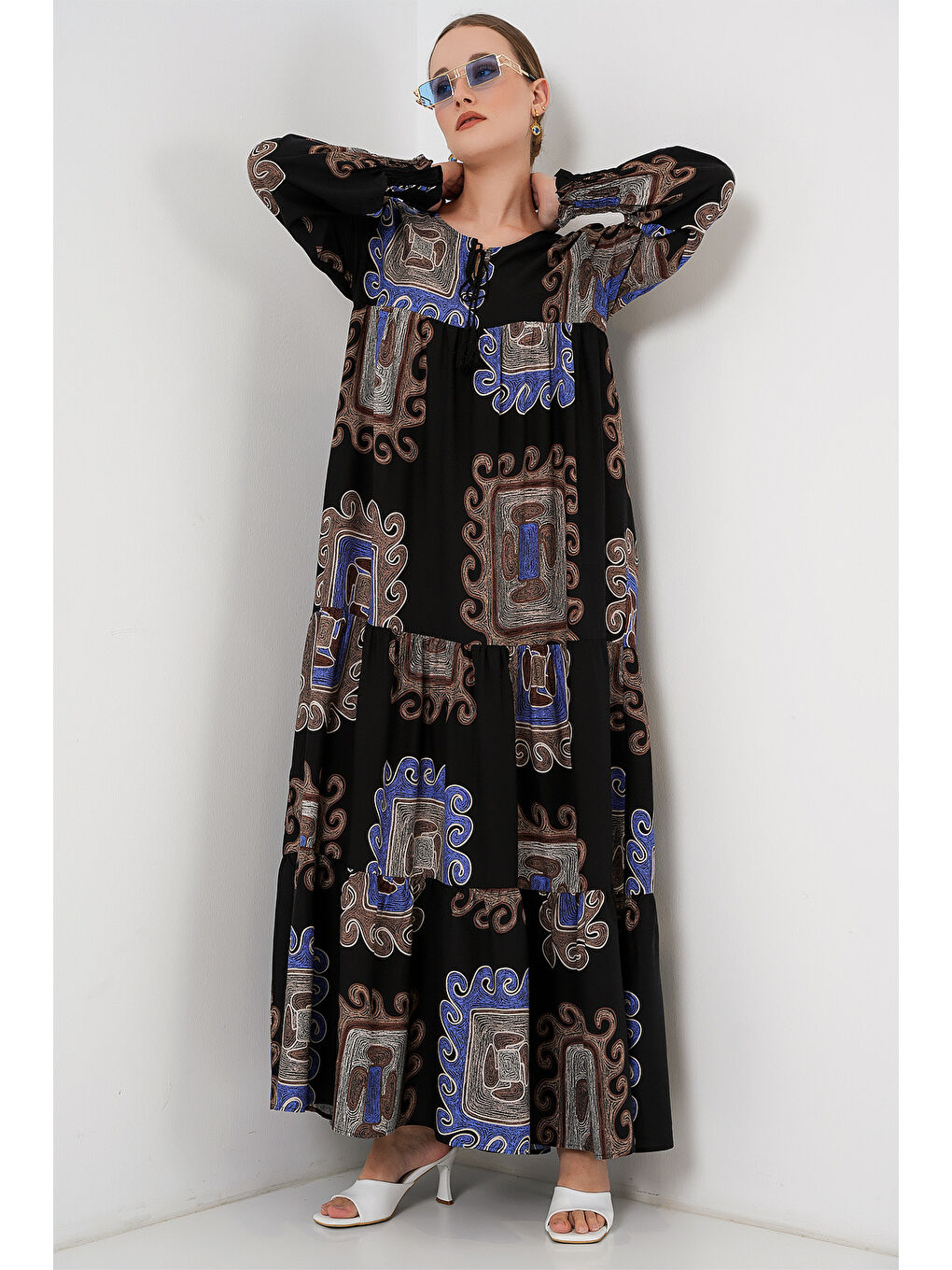 1947 Desenli Uzun Elbise - M. Kahverengi-2