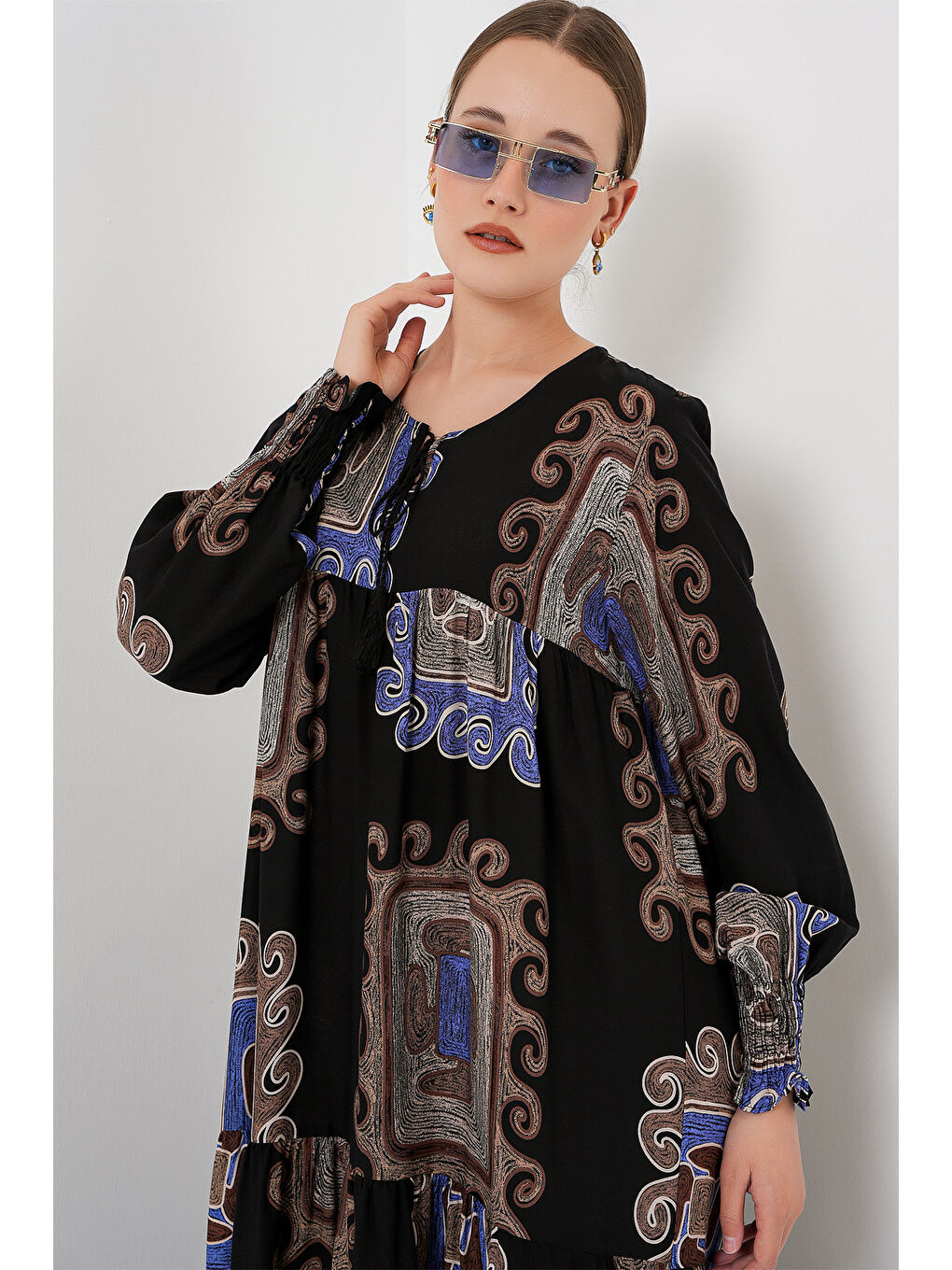 1947 Desenli Uzun Elbise - M. Kahverengi-3