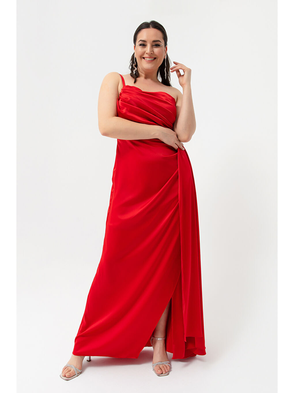 Kadın Kırmızı Tek Omuzlu Büyük Beden Saten Abiye & Mezuniyet Elbisesi-1