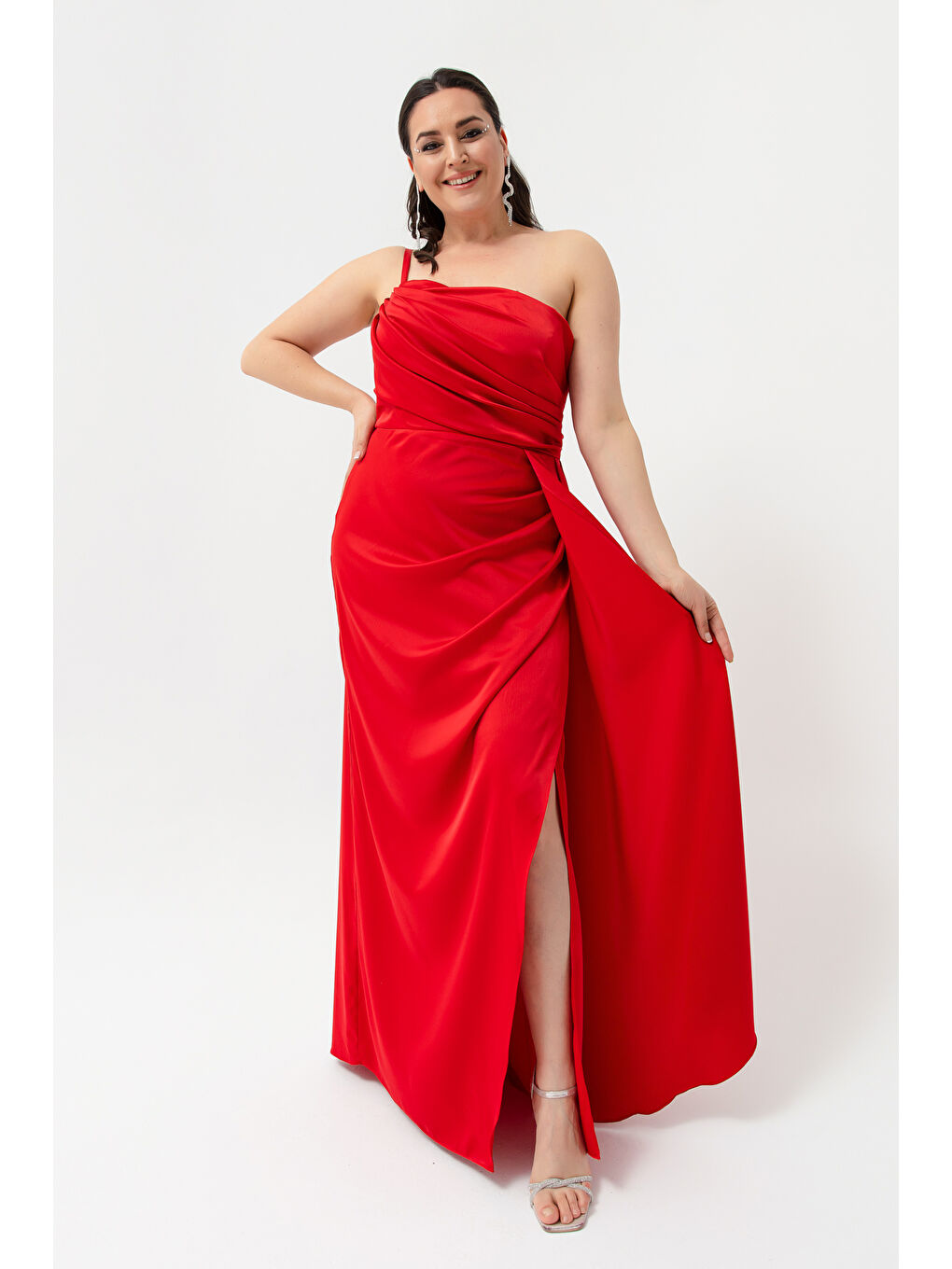 Kadın Kırmızı Tek Omuzlu Büyük Beden Saten Abiye & Mezuniyet Elbisesi-2