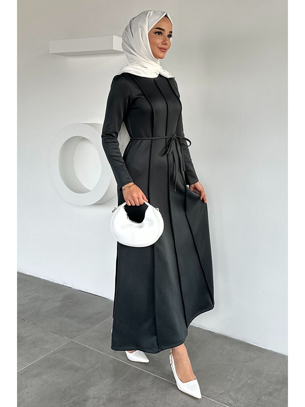 Gri Bel Bağcıklı Tesettür Dalgıç Elbise-3
