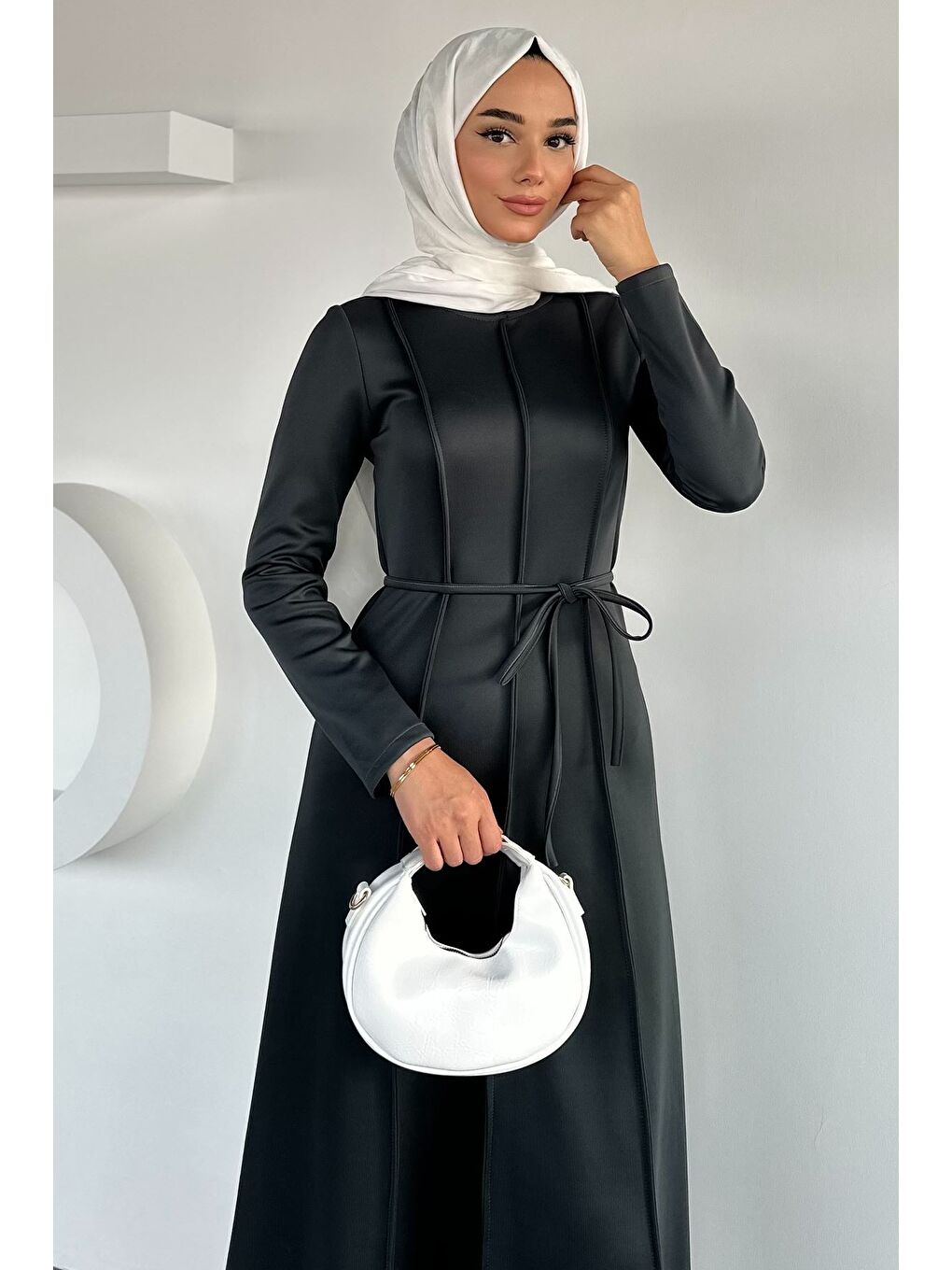 Gri Bel Bağcıklı Tesettür Dalgıç Elbise-5