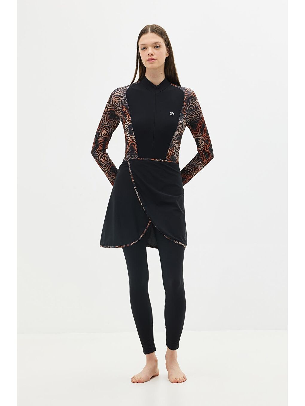 Kahverengi Etekli Taytlı Tam Kapalı Tesettür Mayo C13059 Leopar