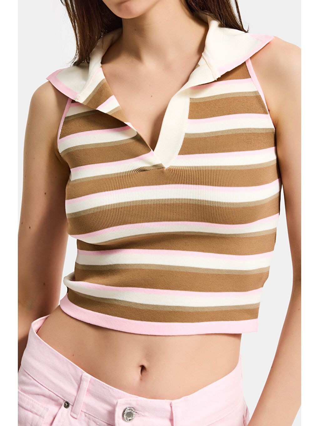 Kahverengi Kadın Kahve Bej s6-98 Crop Fit Polo Yaka İnce Yazlık Triko Body