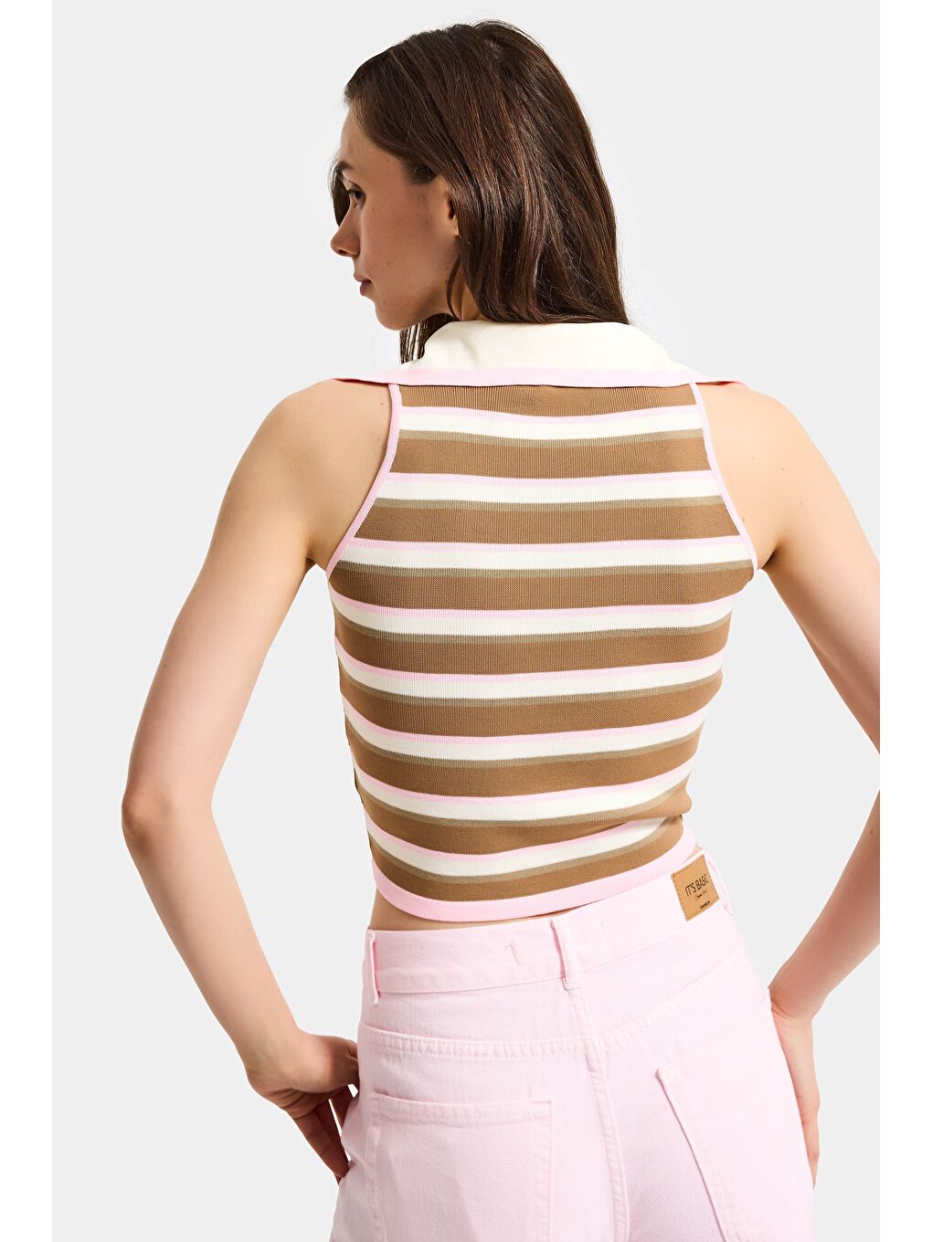 Kahverengi Kadın Kahve Bej s6-98 Crop Fit Polo Yaka İnce Yazlık Triko Body-1