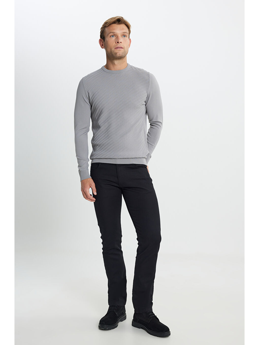 Erkek Gri Melanj Standart Fit Normal Kesim Bisiklet Yaka Armürlü Triko Kazak-1
