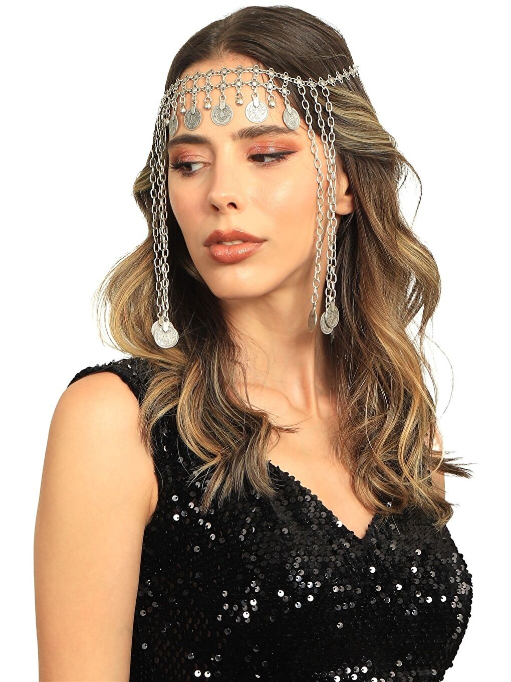 Gri Kadın Antik Gümüş Kaplama Zincirli Tuğra Detaylı Tasarım Saç Zinciri-1