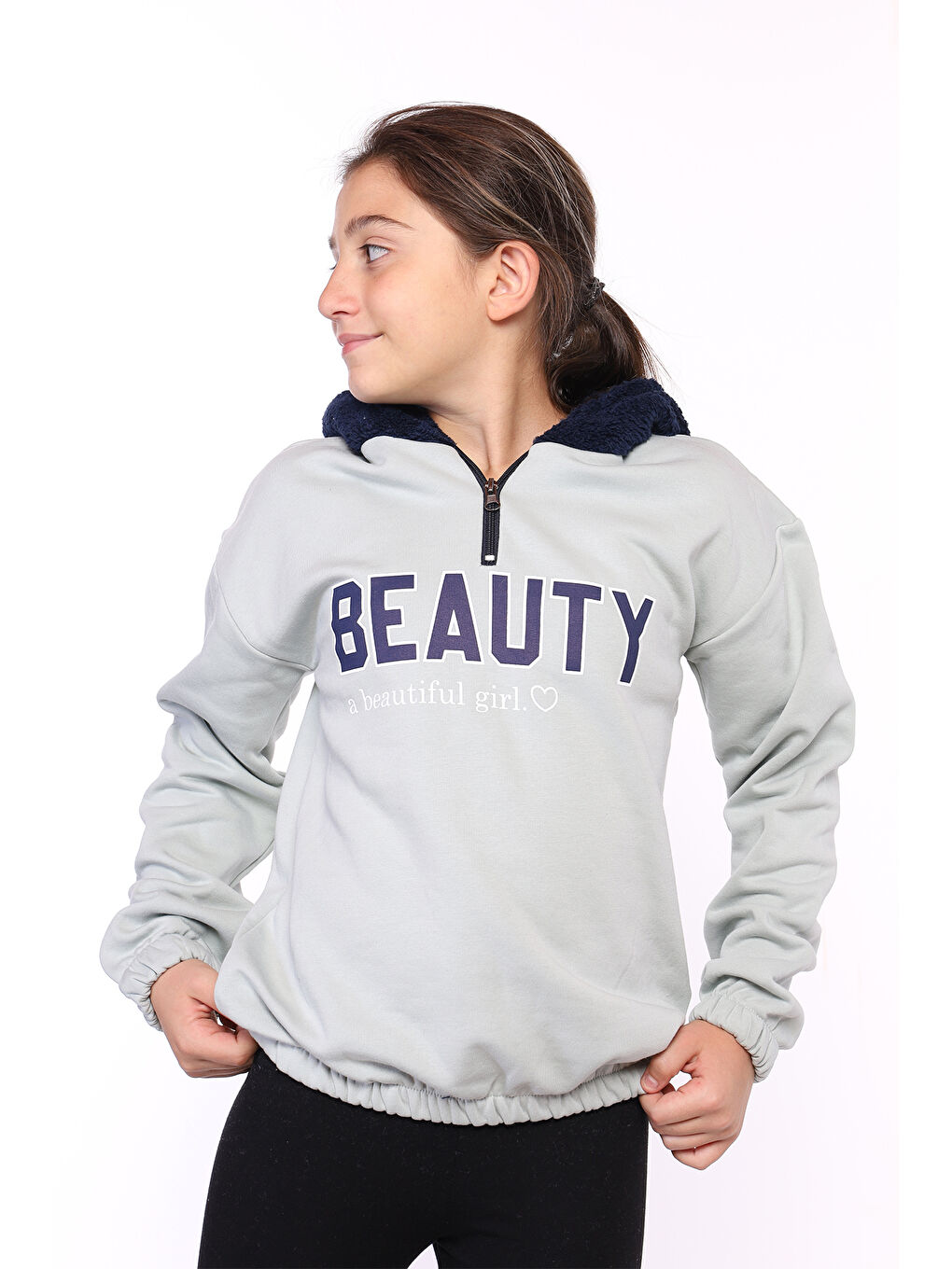 Yeşil Kız Çocuk Kapüşonlu Baskılı Sweatshirt