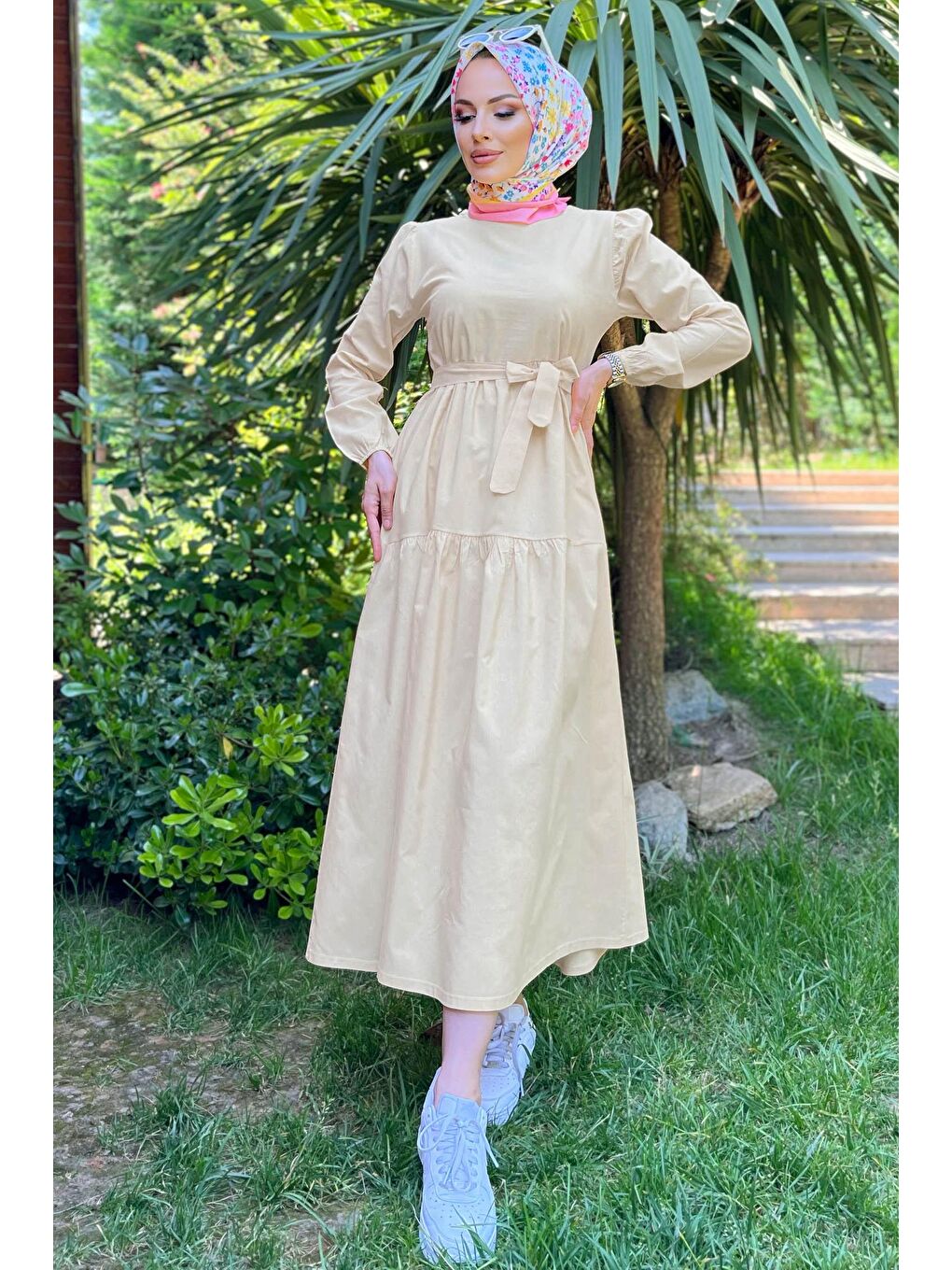 Bisiklet Yaka Kadın Bej Elbise - 11599-1