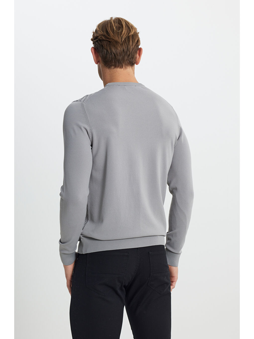 Erkek Gri Melanj Standart Fit Normal Kesim Bisiklet Yaka Armürlü Triko Kazak-4