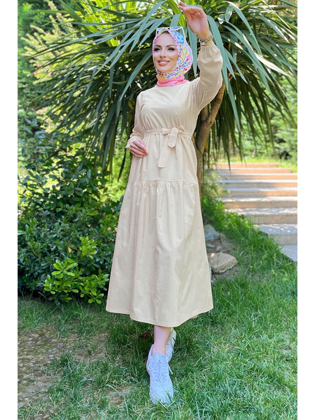 Bisiklet Yaka Kadın Bej Elbise - 11599-2