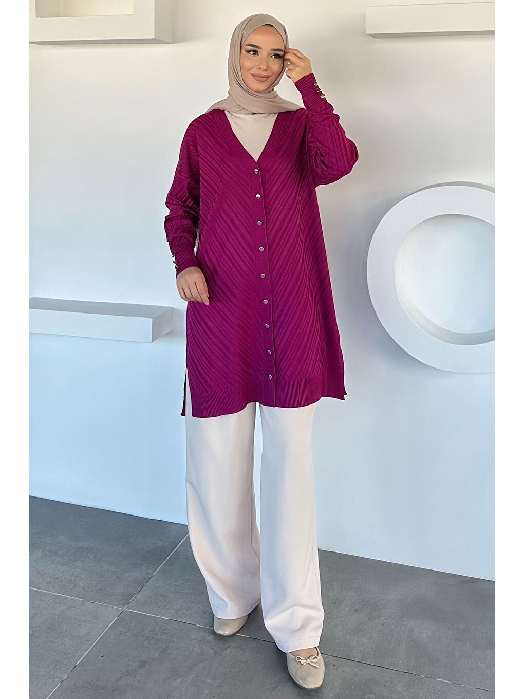 Mürdüm Desenli Ön Düğmeli Tesettür Triko Hırka (m-l-xl Uyumludur)-2