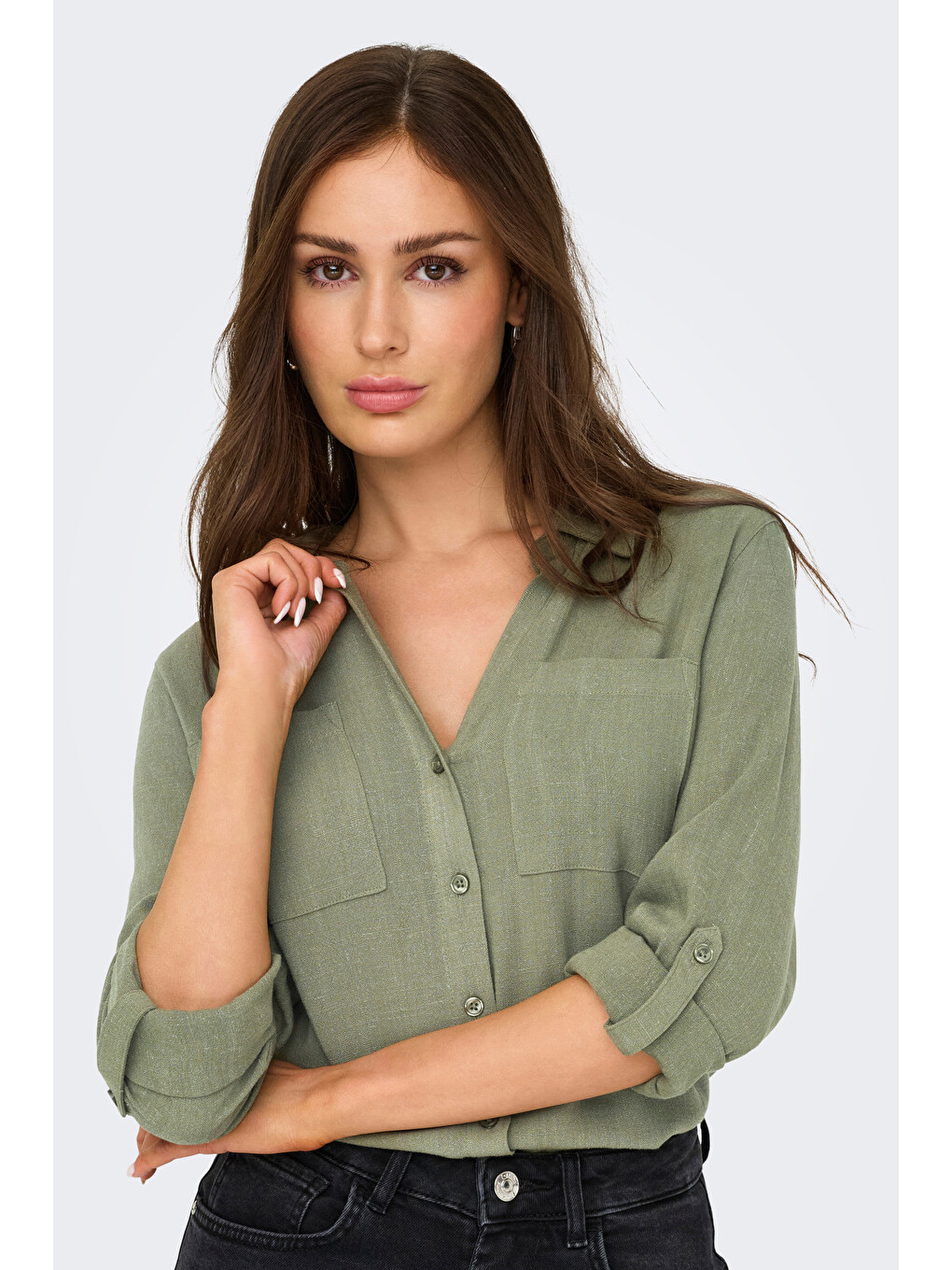 Haki asmin Keten Karışımlı Regular Fit Klasik Yaka Gömlek 15349102-1