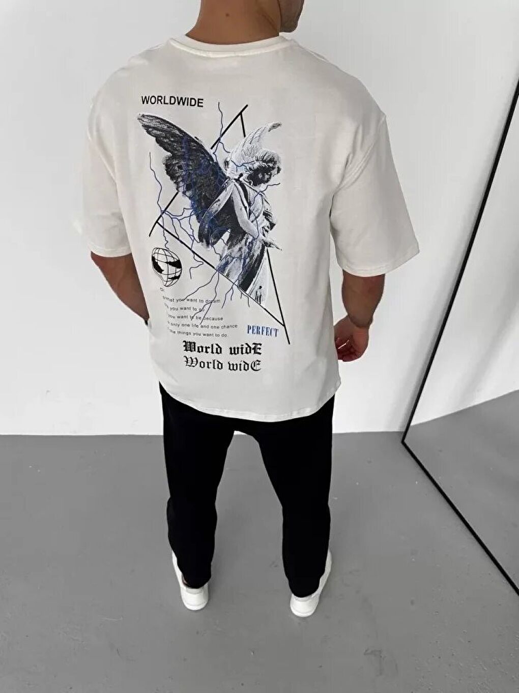 Unisex Bisiklet Yaka Baskılı Oversize T-Shirt - Beyaz-2