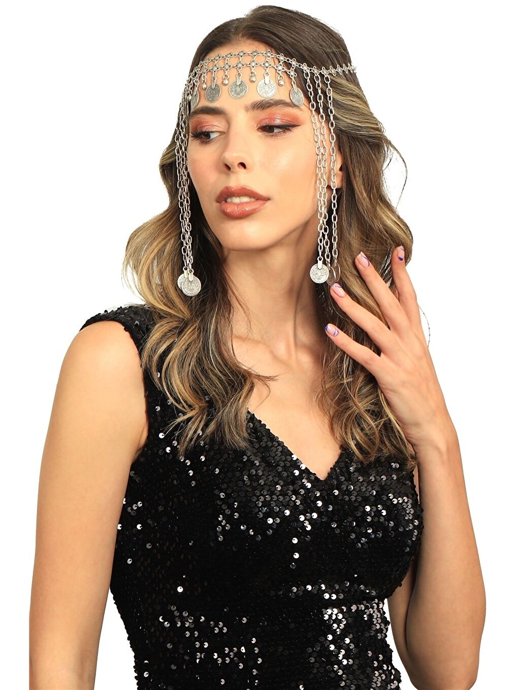 Gri Kadın Antik Gümüş Kaplama Zincirli Tuğra Detaylı Tasarım Saç Zinciri