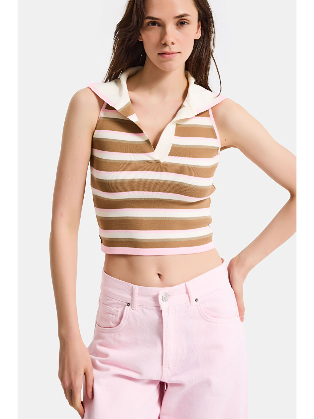 Kahverengi Kadın Kahve Bej s6-98 Crop Fit Polo Yaka İnce Yazlık Triko Body-5