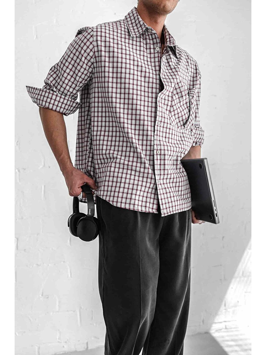 Erkek Oversize Ekose Baskılı %100 Pamuk Gömlek Açık Gri-2