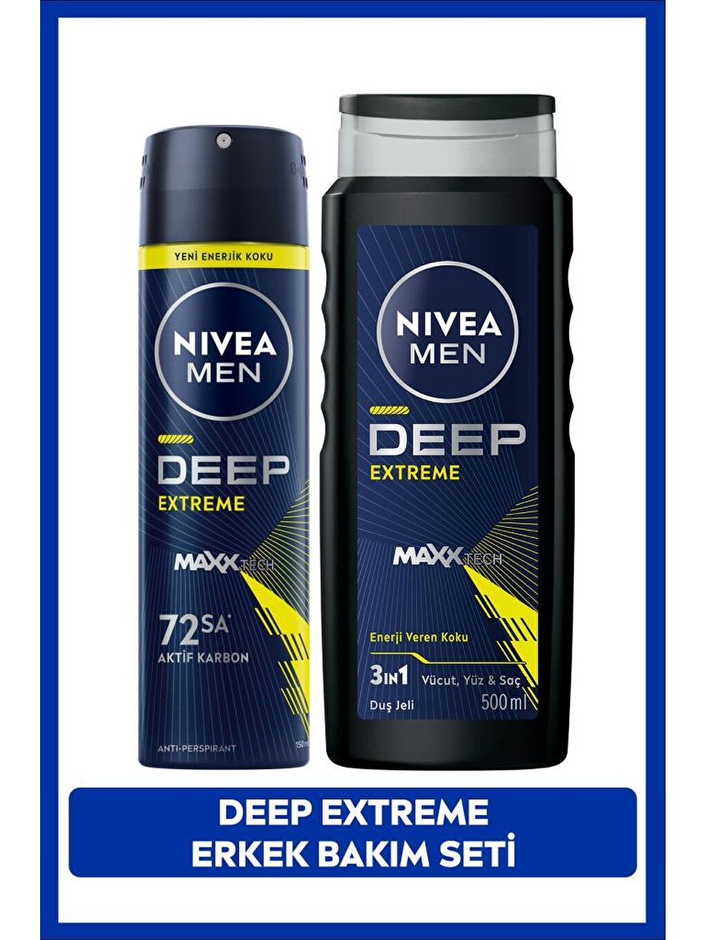 NIVEA MEN Erkek Sprey Deodorant Deep Extreme 150ml, Duş Jeli Deep Extreme 500ml, Vücut Saç ve Yüz İçin