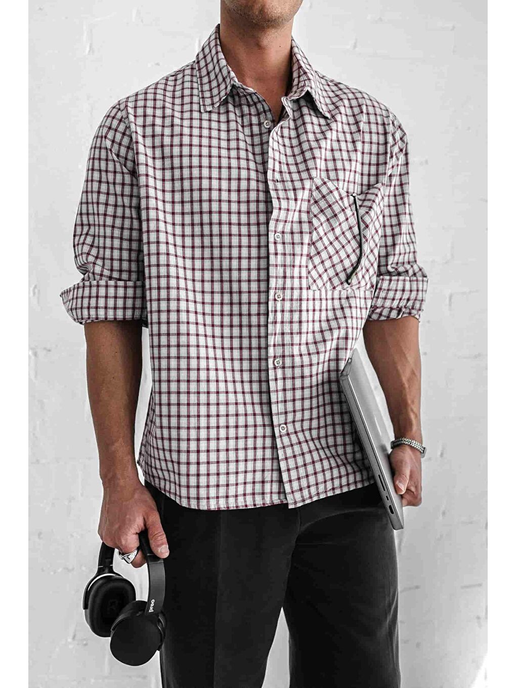 Erkek Oversize Ekose Baskılı %100 Pamuk Gömlek Açık Gri