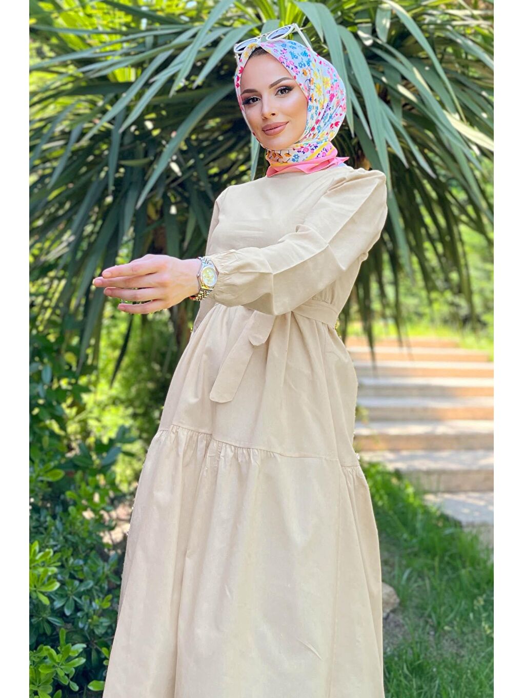 Bisiklet Yaka Kadın Bej Elbise - 11599-3