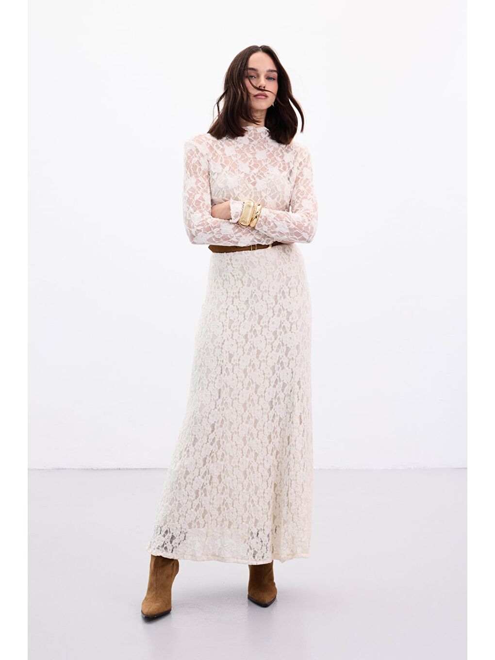 Dantelli Uzun Etek - Bej-1