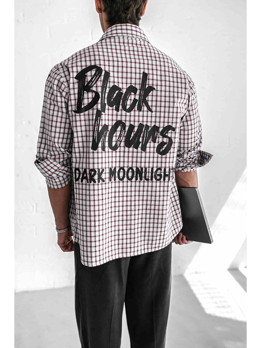 Erkek Oversize Ekose Baskılı %100 Pamuk Gömlek Açık Gri-1