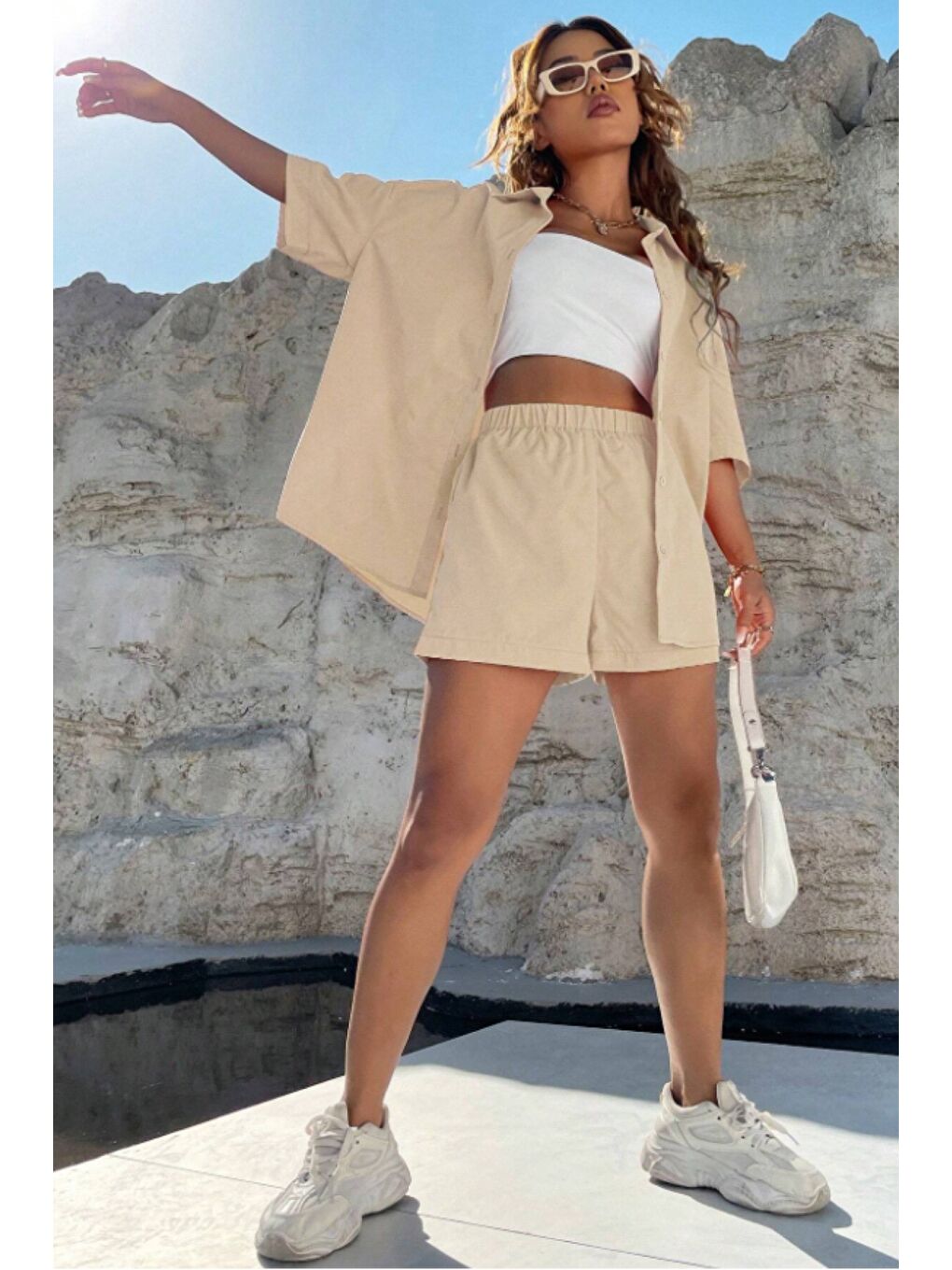 Bej Kadın Oversize Gömlek Şort Takım Yazlık 2’li Kombin Rahat Kesim