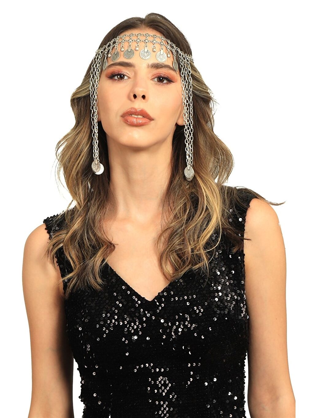 Gri Kadın Antik Gümüş Kaplama Zincirli Tuğra Detaylı Tasarım Saç Zinciri-2