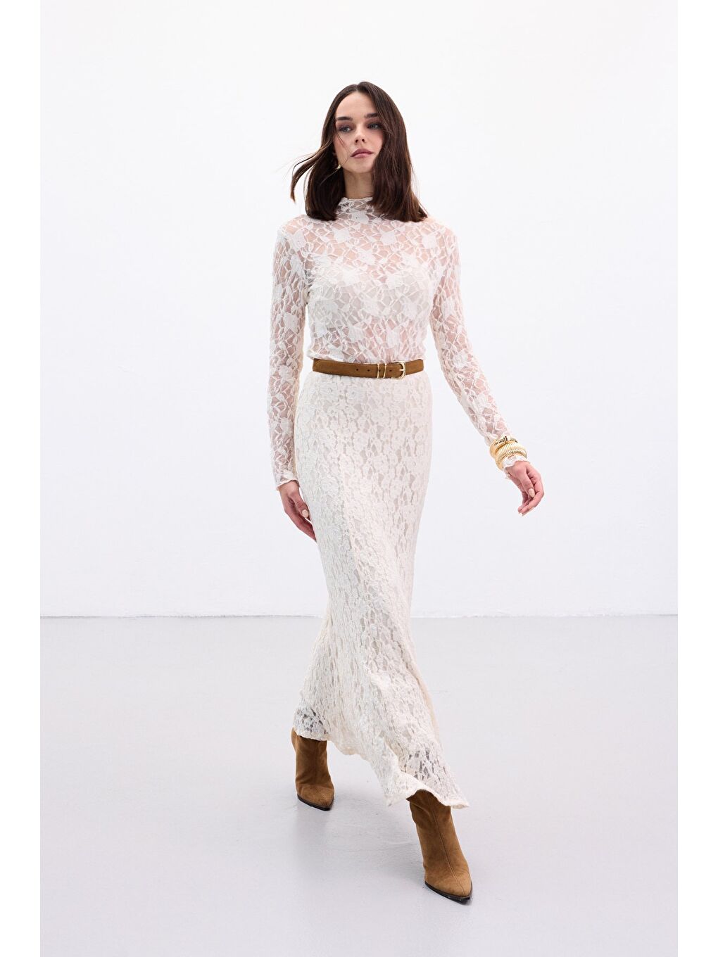 Dantelli Uzun Etek - Bej-2
