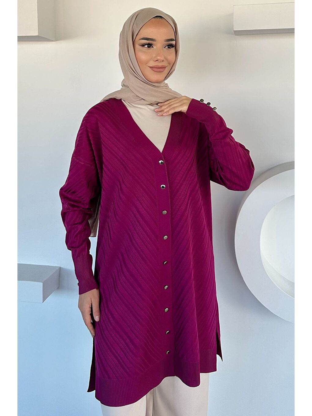 Mürdüm Desenli Ön Düğmeli Tesettür Triko Hırka (m-l-xl Uyumludur)-6