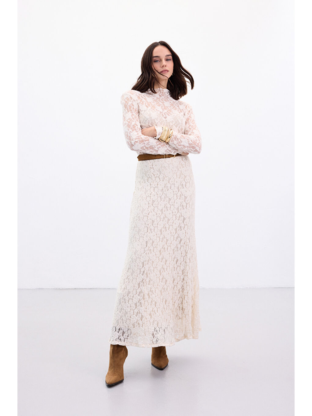 Dantelli Uzun Etek - Bej-3