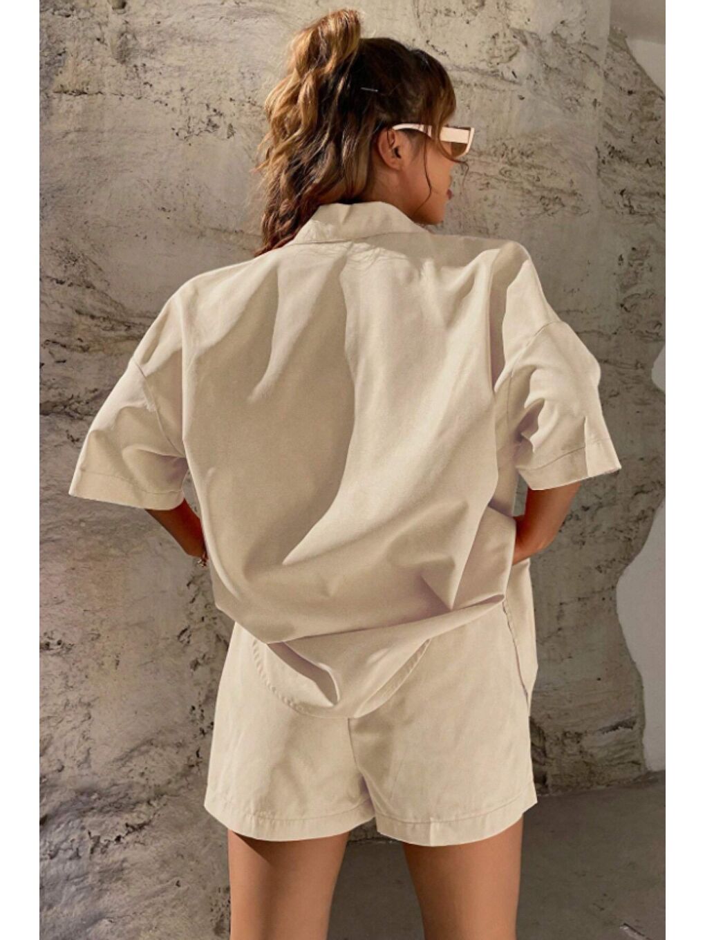 Bej Kadın Oversize Gömlek Şort Takım Yazlık 2’li Kombin Rahat Kesim-1