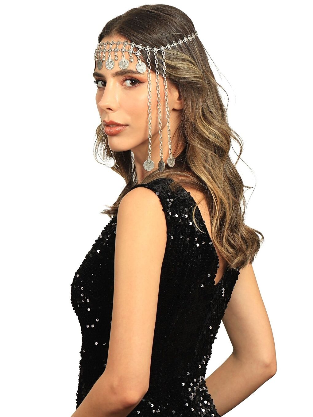 Gri Kadın Antik Gümüş Kaplama Zincirli Tuğra Detaylı Tasarım Saç Zinciri-3