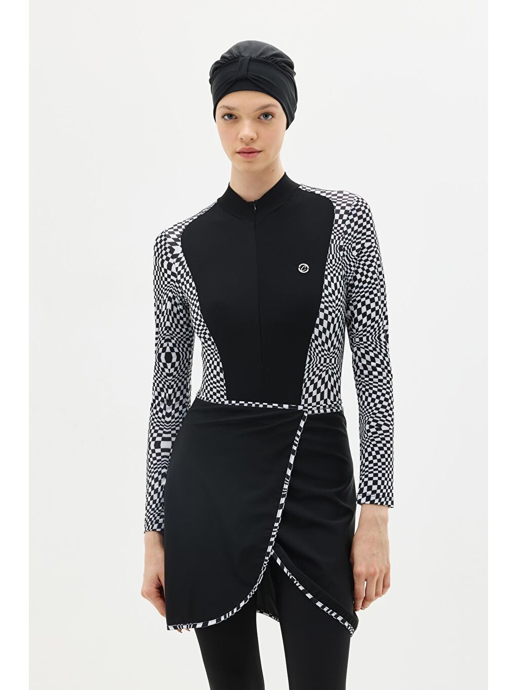 Siyah Etekli Taytlı Tam Kapalı Tesettür Mayo C13059 Damalı-1