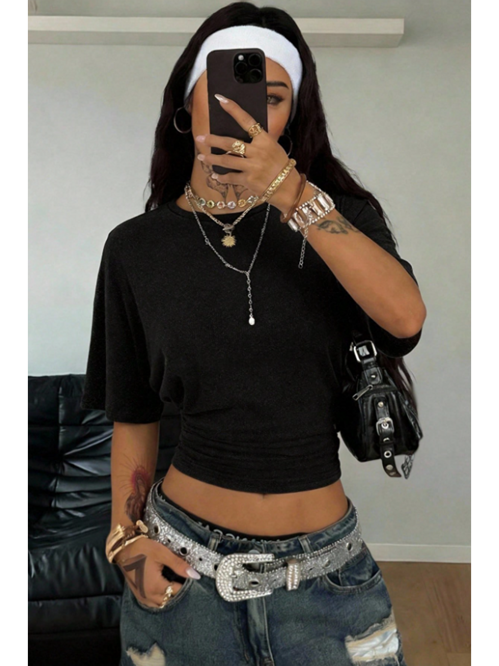 Kadın Siyah-Lacivert Kısa Kollu Crop Tişört – Bisiklet Yaka, Slim Fit, Günlük & Basic T-Shirt-1