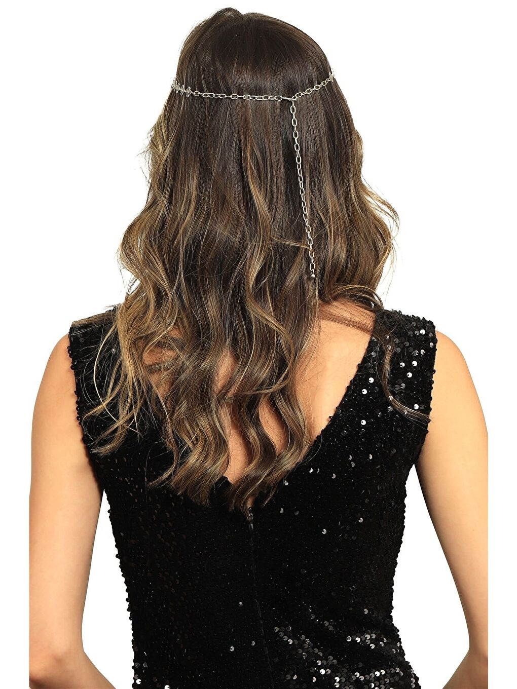 Gri Kadın Antik Gümüş Kaplama Zincirli Tuğra Detaylı Tasarım Saç Zinciri-4