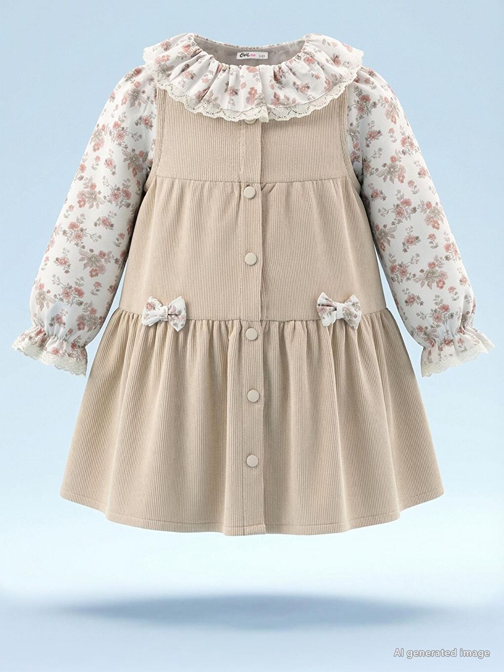 Girls Önü Düğmeli 2-5 Yaş Elbise - Bej