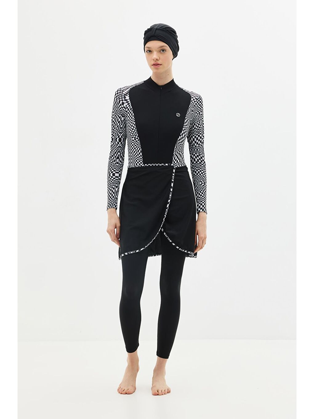 Siyah Etekli Taytlı Tam Kapalı Tesettür Mayo C13059 Damalı-3