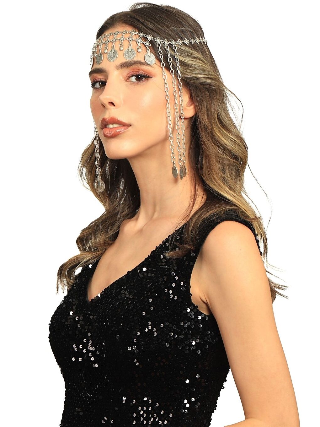 Gri Kadın Antik Gümüş Kaplama Zincirli Tuğra Detaylı Tasarım Saç Zinciri-5