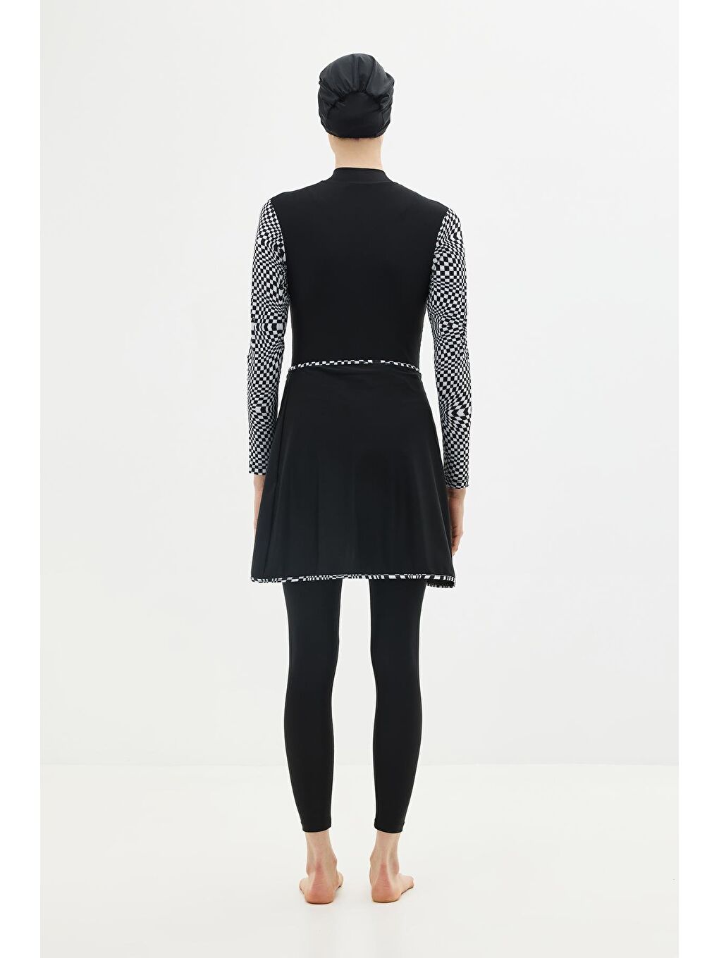 Siyah Etekli Taytlı Tam Kapalı Tesettür Mayo C13059 Damalı-5