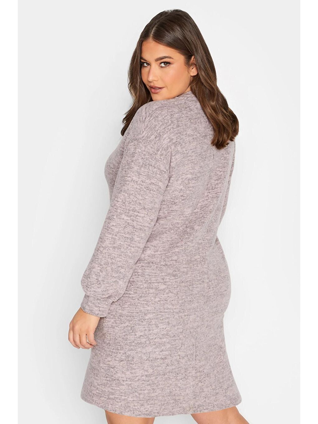 Bej Büyük Beden Elastanlı Uzun Kollu Yuvarlak Yaka Triko Elbise 301737-3