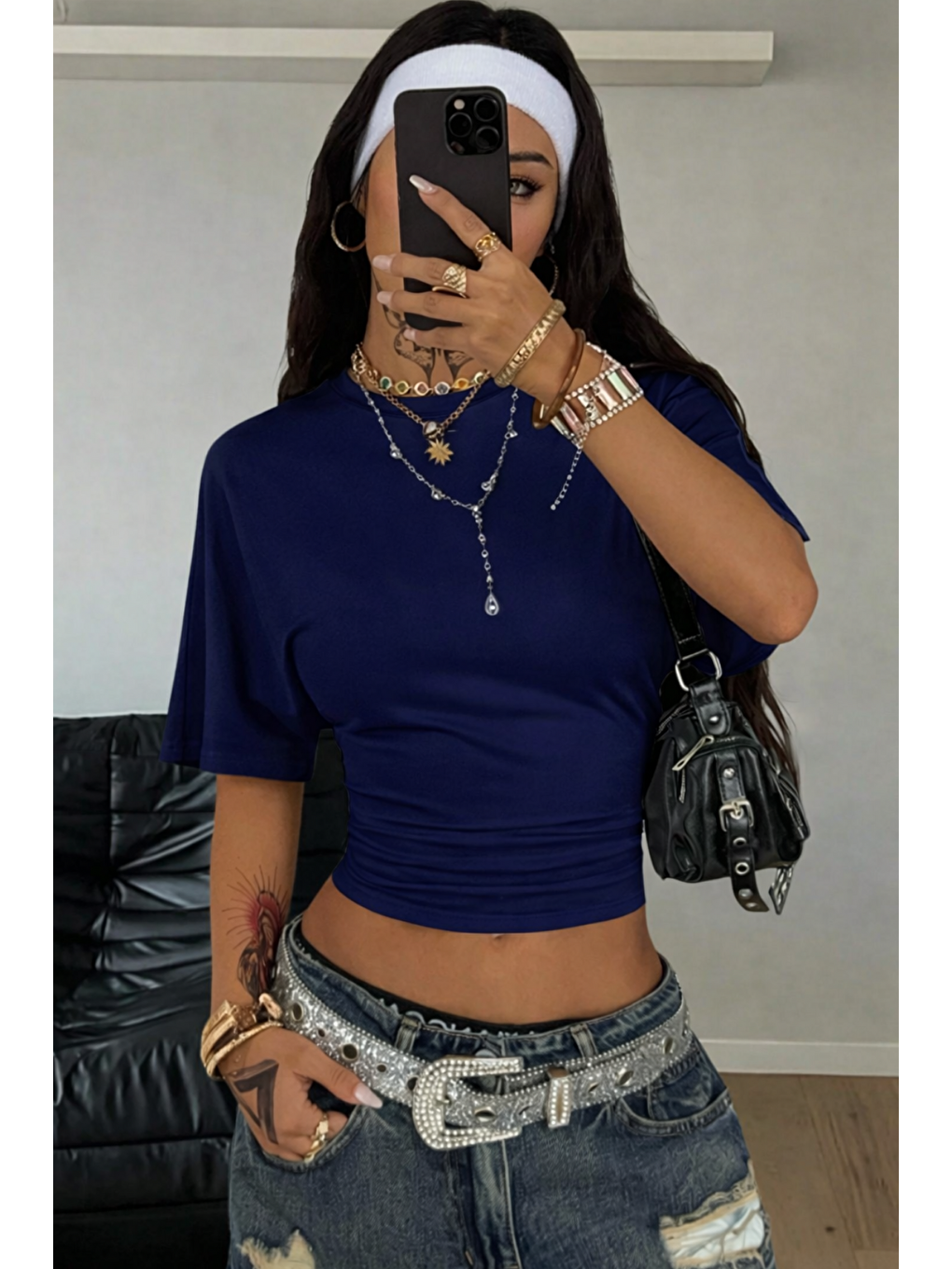 Kadın Siyah-Lacivert Kısa Kollu Crop Tişört – Bisiklet Yaka, Slim Fit, Günlük & Basic T-Shirt-2