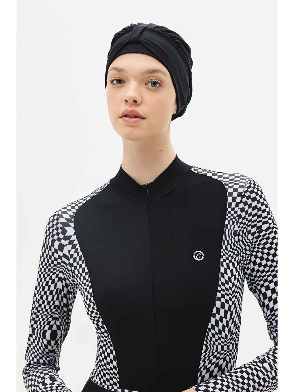 Siyah Etekli Taytlı Tam Kapalı Tesettür Mayo C13059 Damalı-6