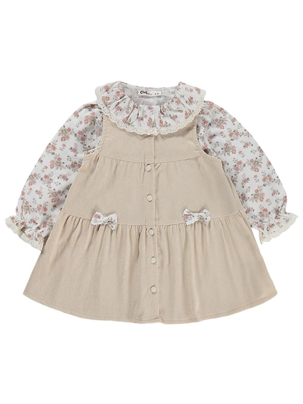 Girls Önü Düğmeli 2-5 Yaş Elbise - Bej-1