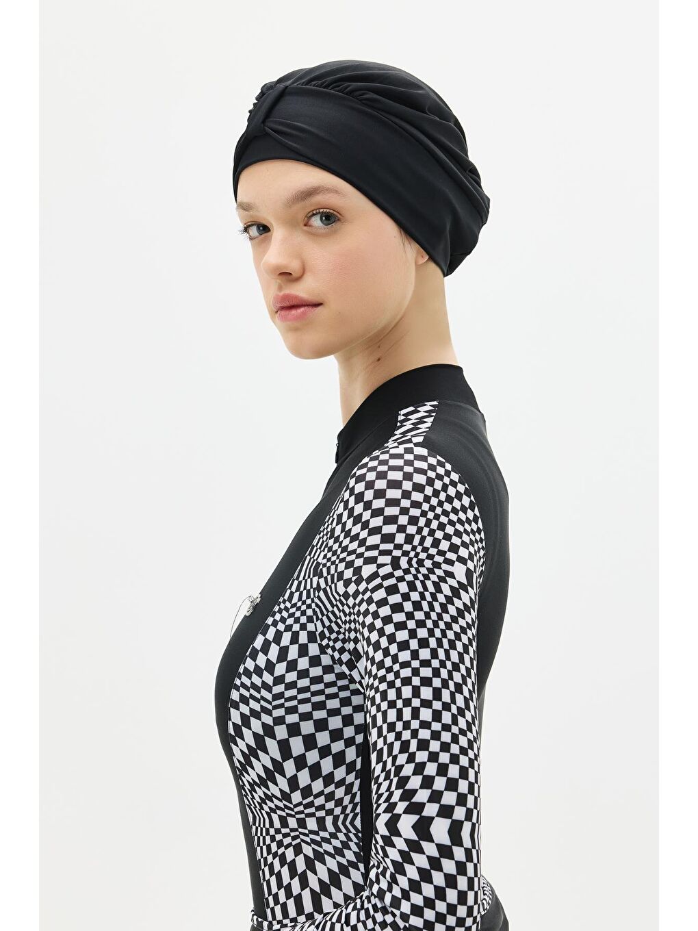 Siyah Etekli Taytlı Tam Kapalı Tesettür Mayo C13059 Damalı-8