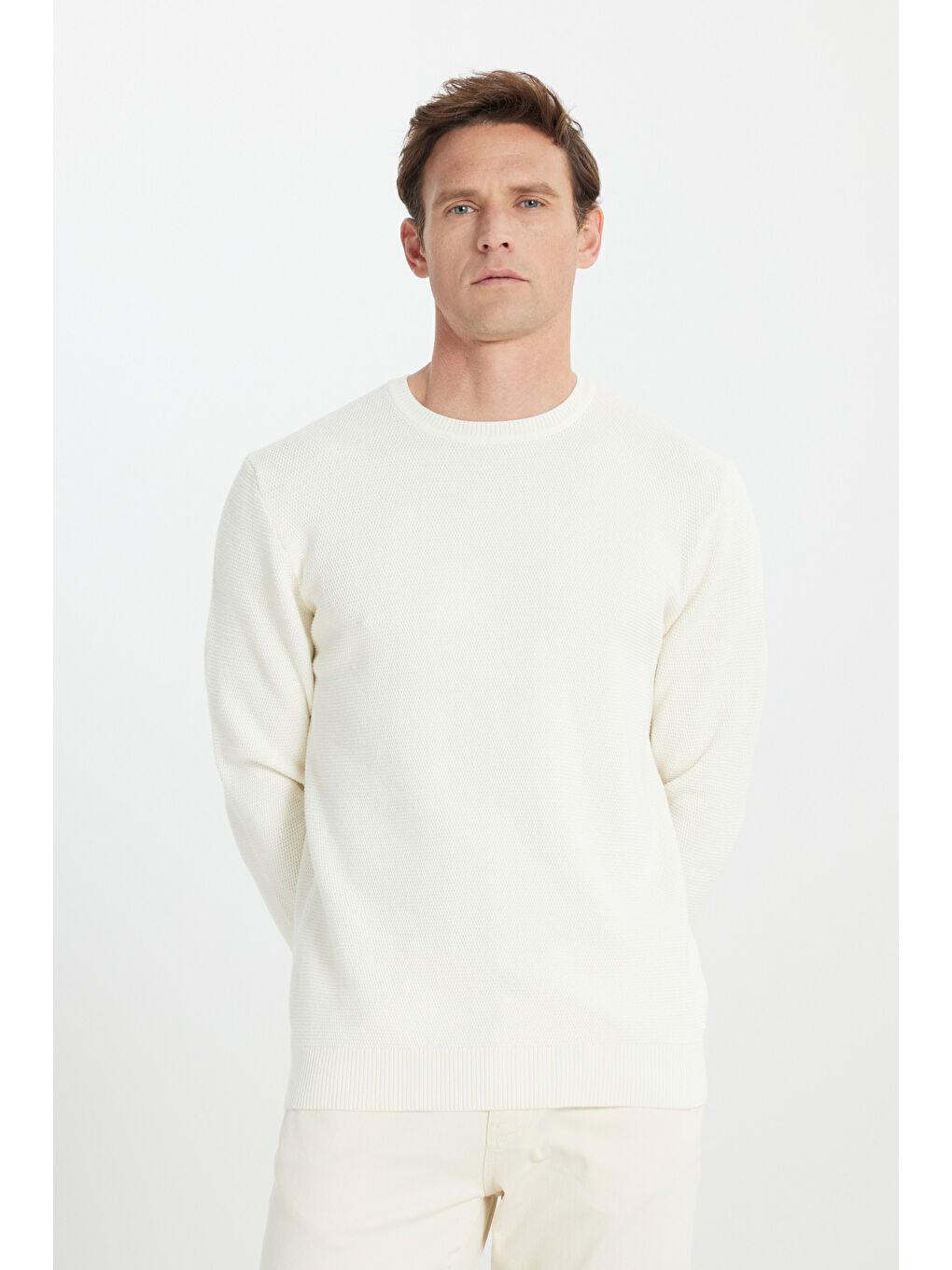 Erkek Ekru %100 Pamuk Sıcak Tutan Standart Fit Normal Kesim Bisiklet Yaka Pirinç Örgü Triko Kazak-2