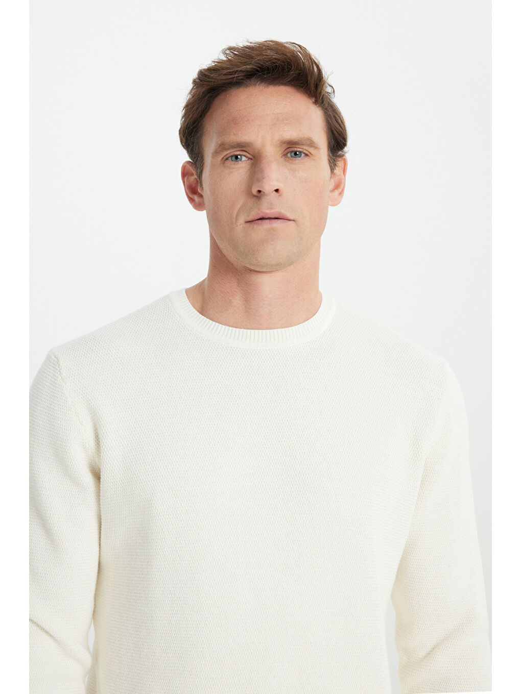 Erkek Ekru %100 Pamuk Sıcak Tutan Standart Fit Normal Kesim Bisiklet Yaka Pirinç Örgü Triko Kazak-3